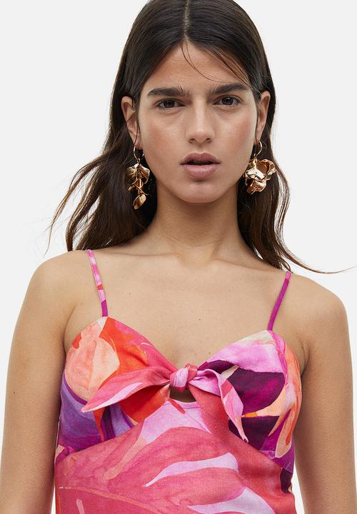 H&M - Linen-blend dress - cerise leaf-patterned