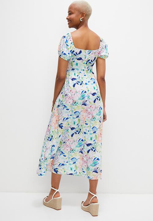 MILLA - Corset detail midi dress - blues watercolour bloom