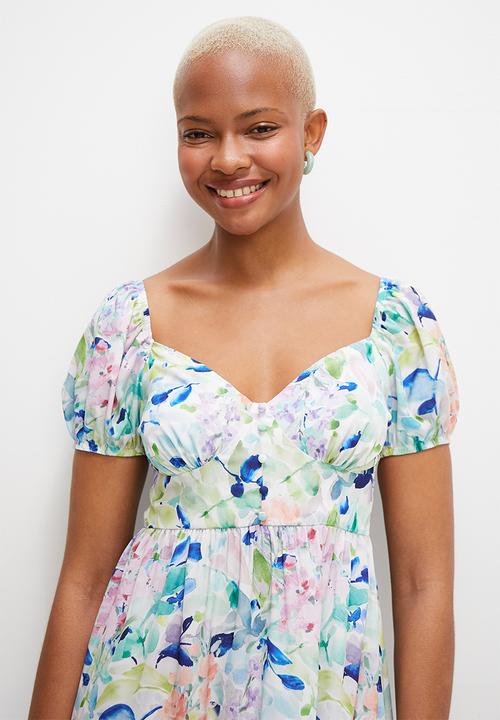 MILLA - Corset detail midi dress - blues watercolour bloom