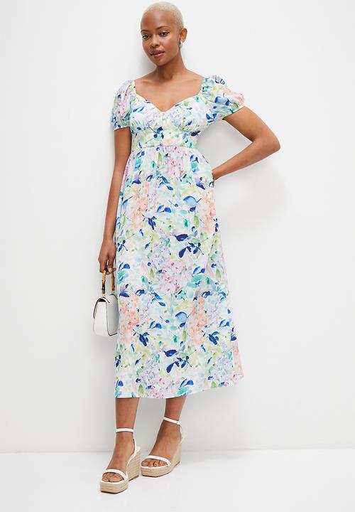 MILLA - Corset detail midi dress - blues watercolour bloom