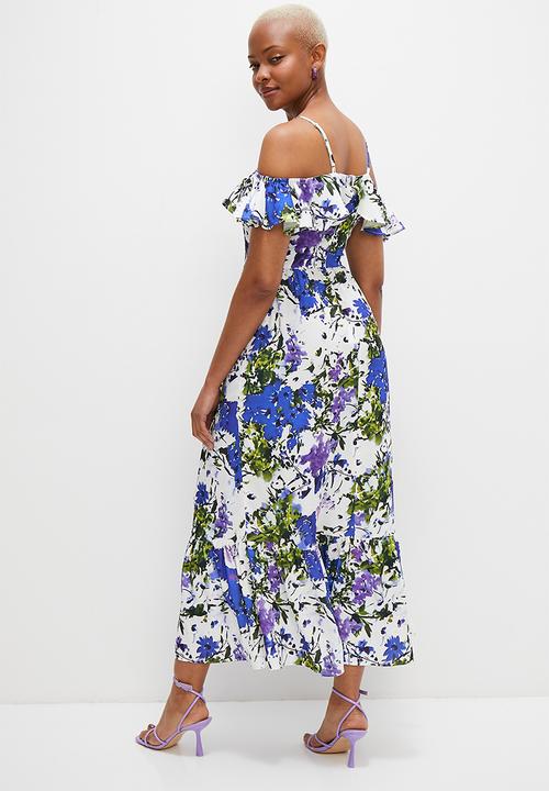 MILLA - Ruffle midi dress with tiered hem - purple blue floral