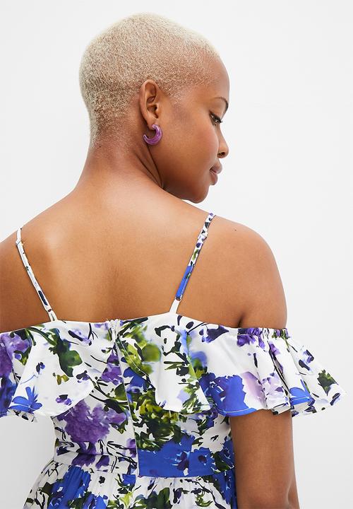 MILLA - Ruffle midi dress with tiered hem - purple blue floral