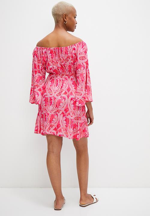 MILLA - Bardot fit and flare mini with tassle trim - paisley print