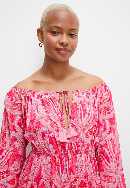 MILLA - Bardot fit and flare mini with tassle trim - paisley print