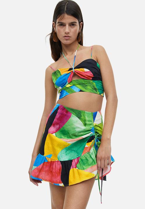 H&M - Linen-blend cropped top - green patterned