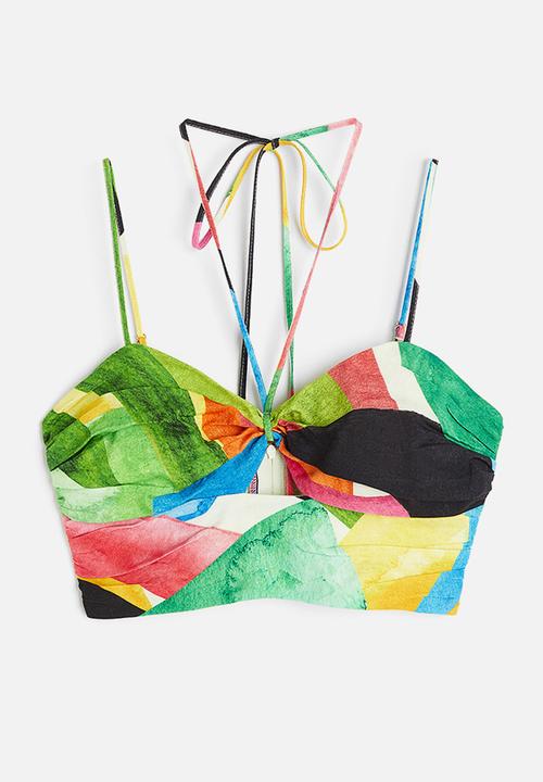 H&M - Linen-blend cropped top - green patterned