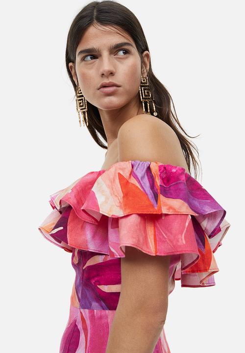 H&M - Off-the-shoulder dress - cerise/leaf-patterned