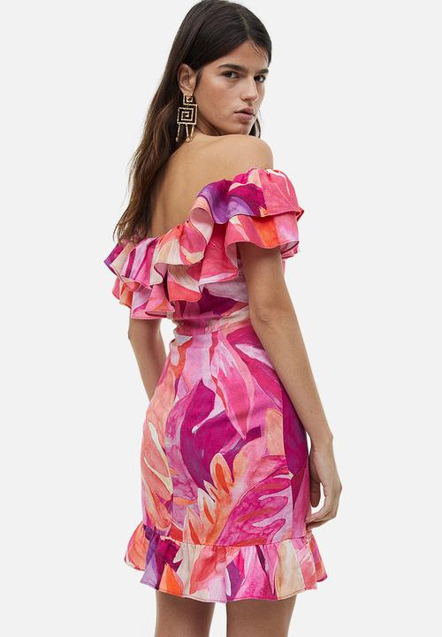 H&M - Off-the-shoulder dress - cerise/leaf-patterned