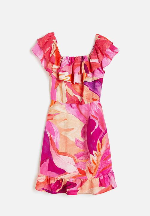 H&M - Off-the-shoulder dress - cerise/leaf-patterned