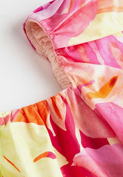 H&M - Puff-sleeved dress - pink leaf-patterned
