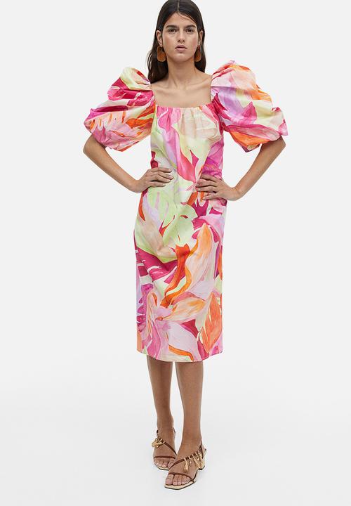 H&M - Puff-sleeved dress - pink leaf-patterned
