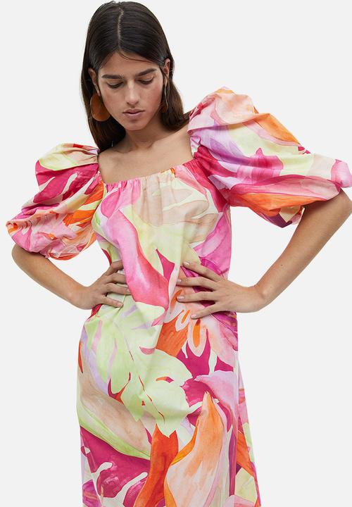 H&M - Puff-sleeved dress - pink leaf-patterned