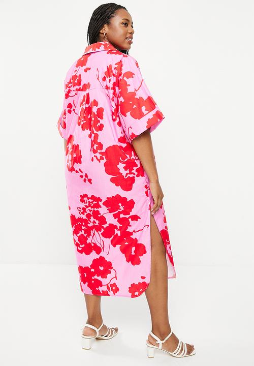 Me&B - Plus Cotton Tunic Shirt Dress - Red & Pink Floral