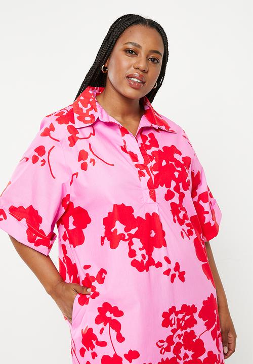 Me&B - Plus Cotton Tunic Shirt Dress - Red & Pink Floral