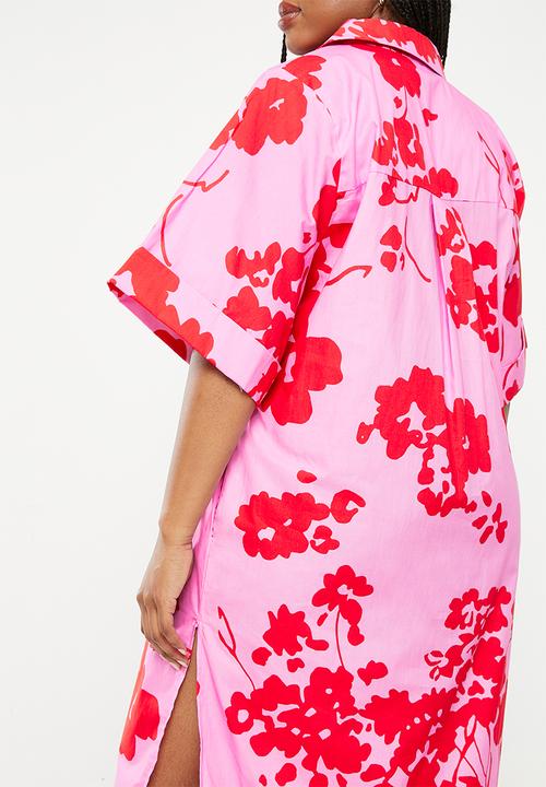 Me&B - Plus Cotton Tunic Shirt Dress - Red & Pink Floral
