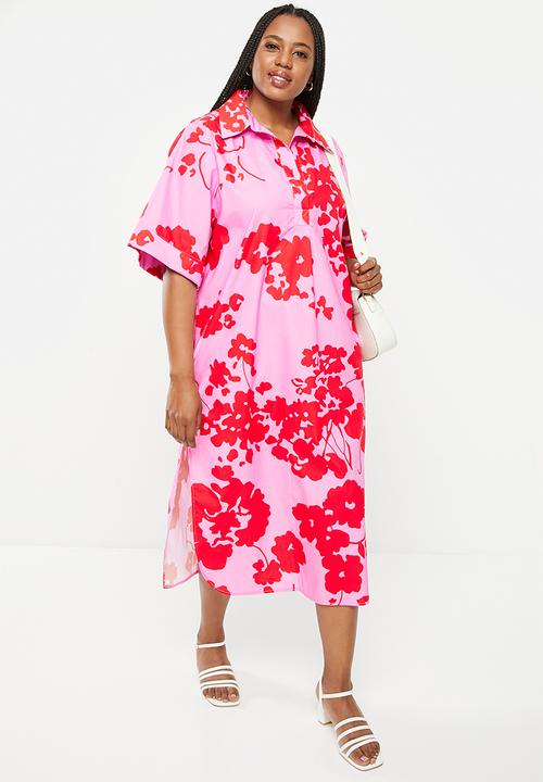 Me&B - Plus Cotton Tunic Shirt Dress - Red & Pink Floral