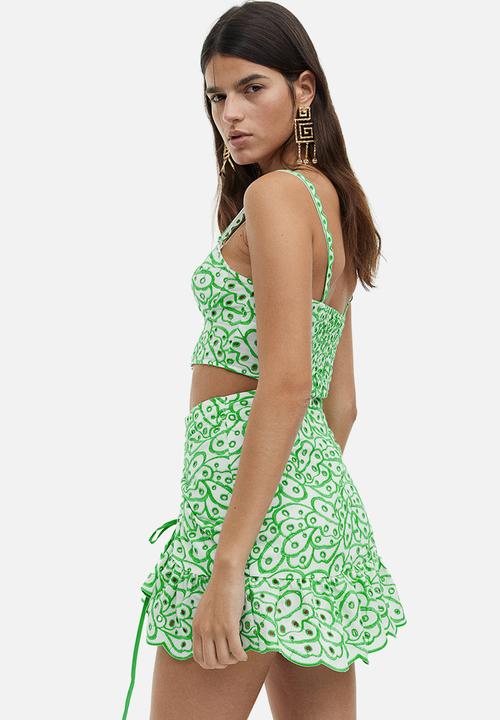 H&M - Broderie anglaise drawstring-detail skirt - white & green 