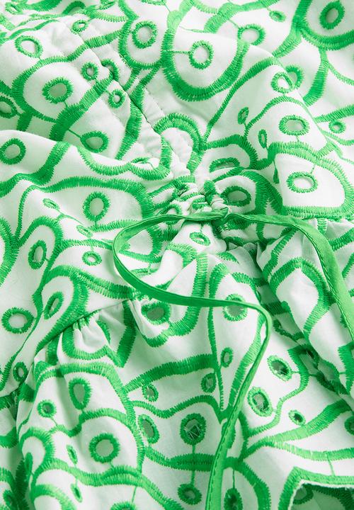 H&M - Broderie anglaise drawstring-detail skirt - white & green 