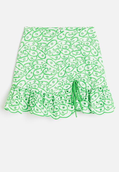 H&M - Broderie anglaise drawstring-detail skirt - white & green 