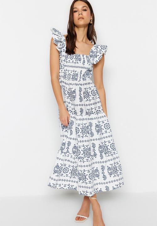 Trendyol - Floral poplin midi dress - white