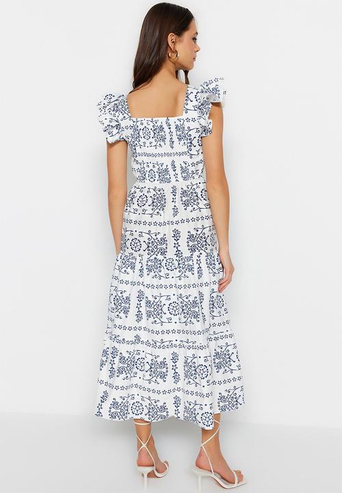 Trendyol - Floral poplin midi dress - white