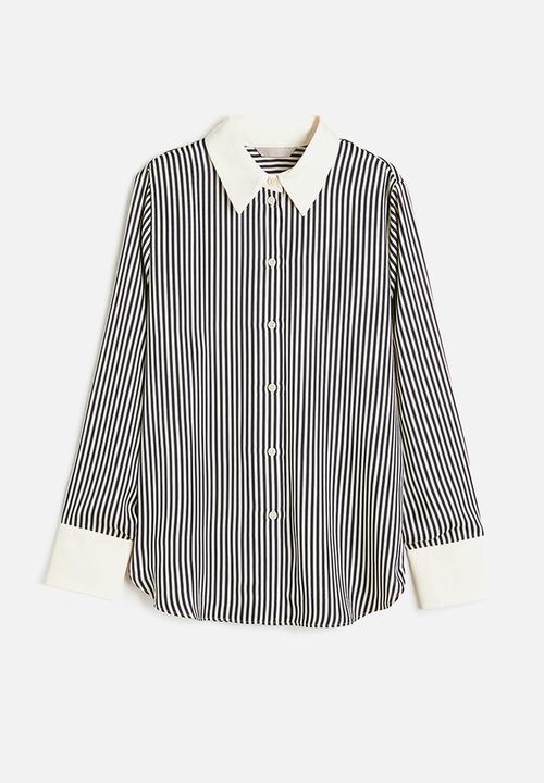 H&M - Pointed collar shirt - dark grey striped