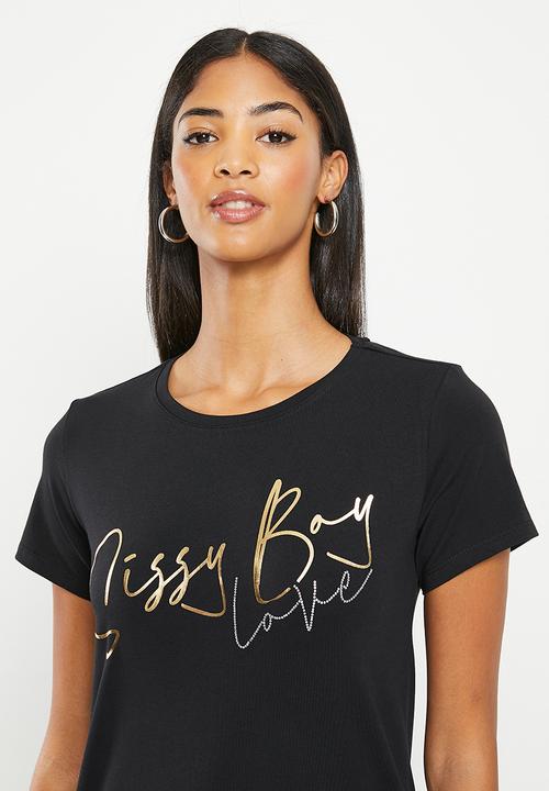 SISSY BOY - Hepburn: regular fit foil and bling logo top - black