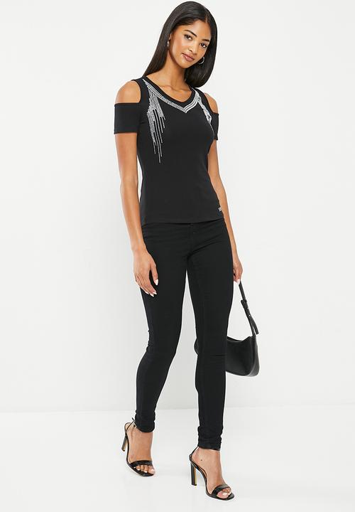 SISSY BOY - Tinisha: cold shoulder bling fashion top - black