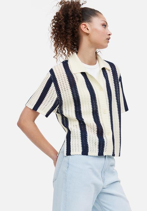 H&M - Hole-knit cardigan - dark blue/striped