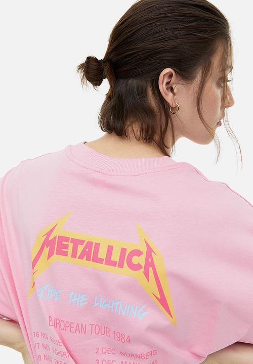 H&M - Long printed t-shirt - light pink/metallica 