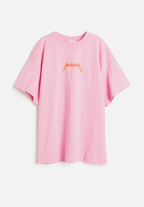 H&M - Long printed t-shirt - light pink/metallica 