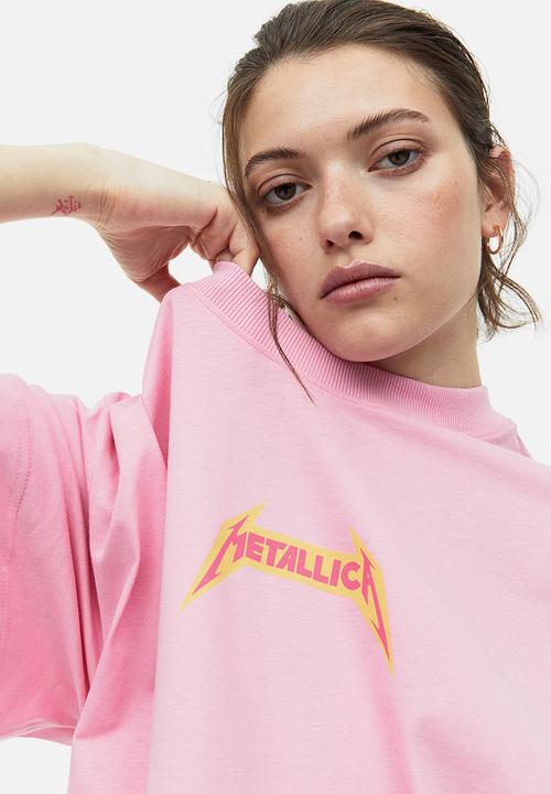 H&M - Long printed t-shirt - light pink/metallica 