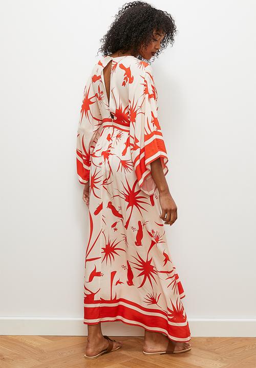 edit - V - neck empire midi dress - tangerine parrot border print
