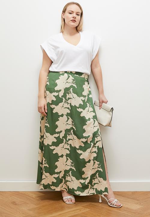 edit - Maxi skirt with slit - green stencil floral