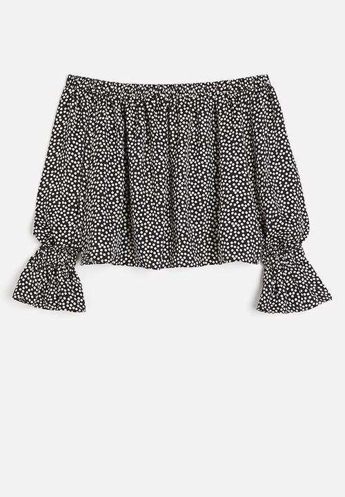 H&M - Satin off-the-shoulder blouse - black/spotted