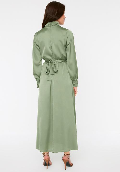 Trendyol - Modest highneck satin maxi dress - green