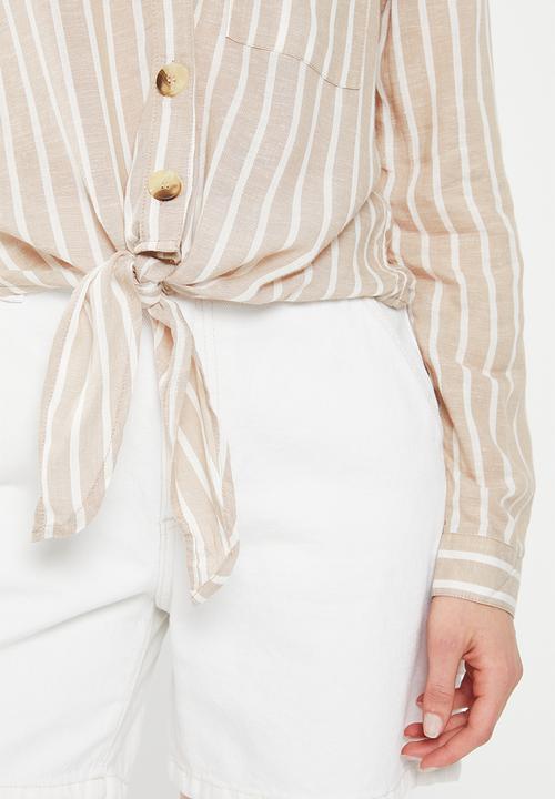 HAILYS - Collared front tie long sleeve blouse - beige stripe
