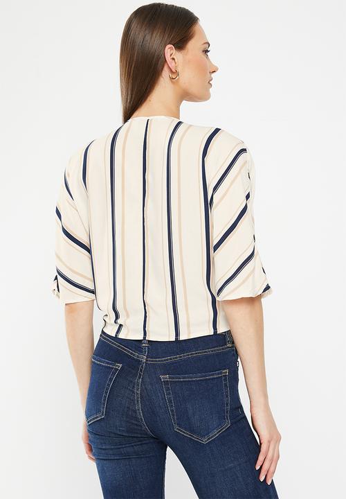 HAILYS - Front tie short sleeve blouse - off white stripe