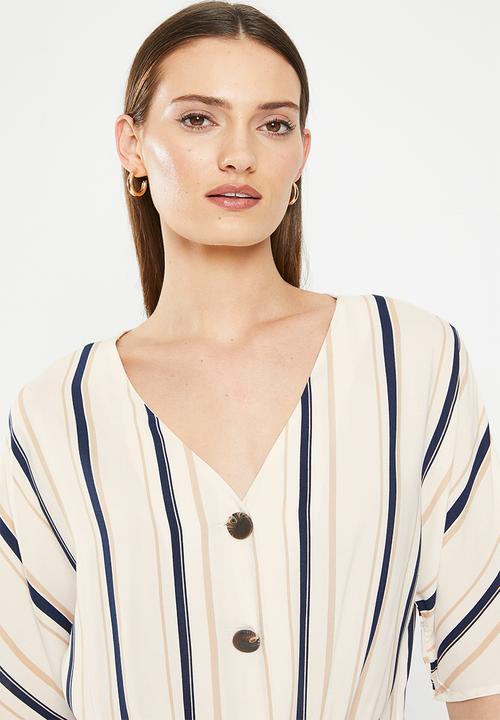 HAILYS - Front tie short sleeve blouse - off white stripe