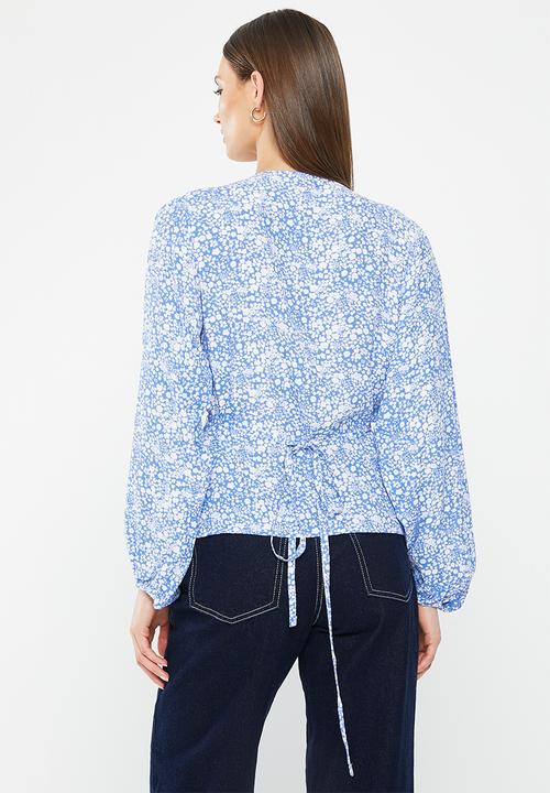 HAILYS - Long sleeve tie waist blouse - blue flower