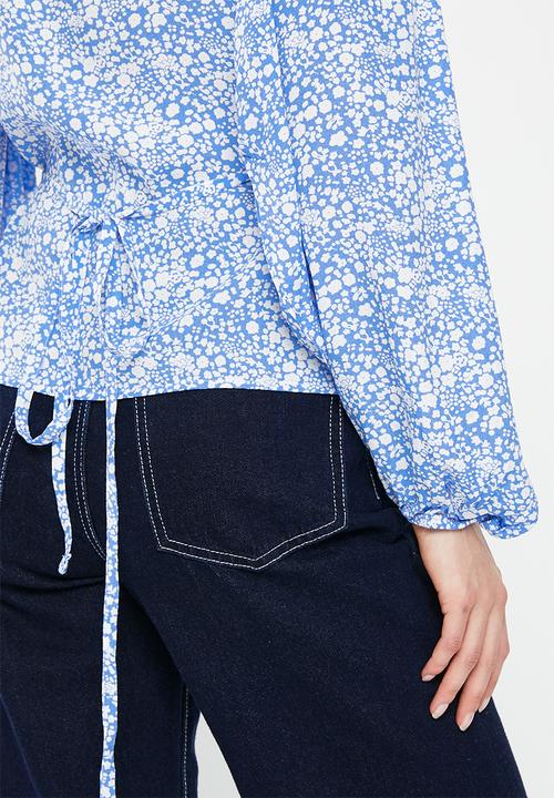 HAILYS - Long sleeve tie waist blouse - blue flower