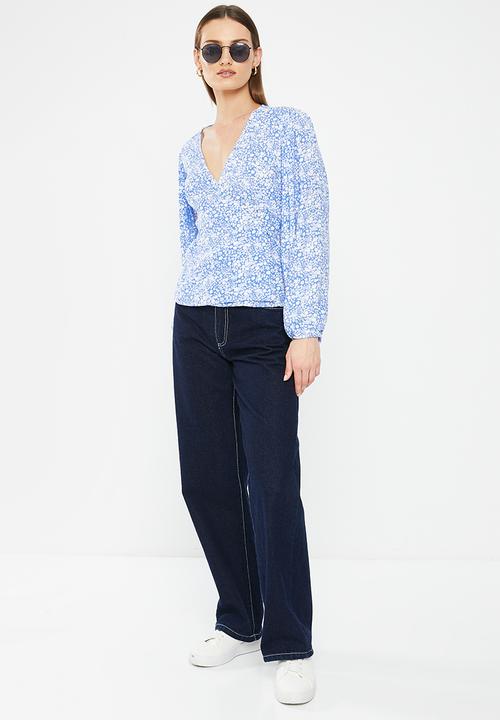 HAILYS - Long sleeve tie waist blouse - blue flower