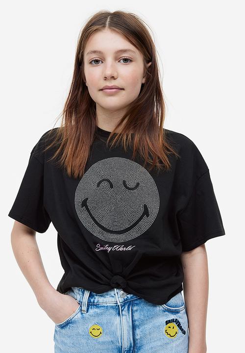 H&M - Tie-hem T-shirt - black smileyworld®