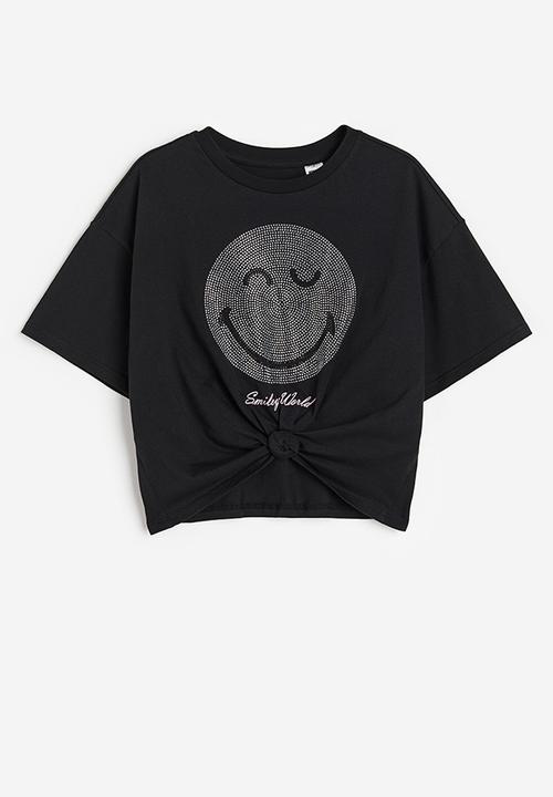 H&M - Tie-hem T-shirt - black smileyworld®