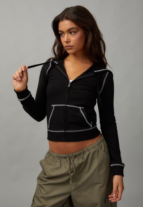 Factorie - Lightweight fitted zip through hoodie - black/white stitch