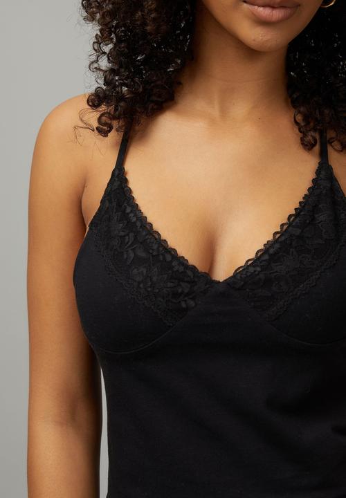 Factorie - Lace v-neck jersey cami - black