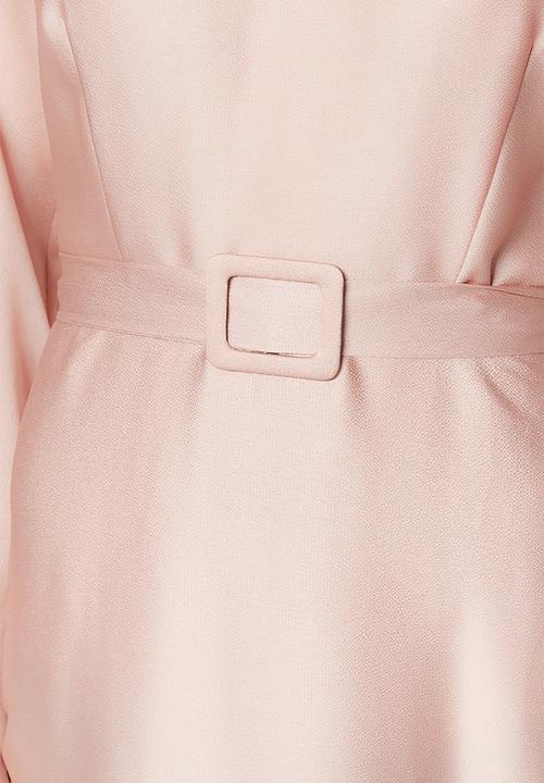 Trendyol - Modest belted satin evening dress - pink