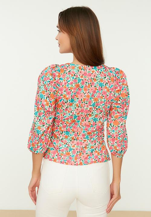 Trendyol - Floral balloon sleeve blouse - ecru