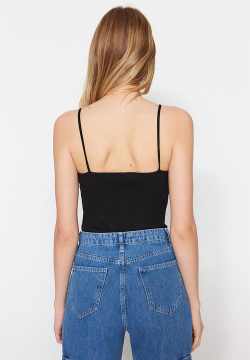 Trendyol - Scoop neck fitted strappy bodysuit - black
