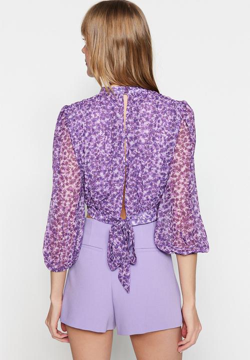 Trendyol - Floral balloon sleeve cropped blouse - purple